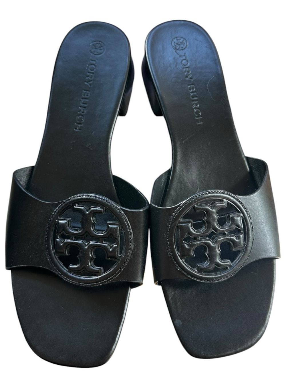 Tory Burch Black Logo leather Bombe Miller Sandals
